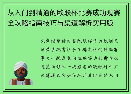 从入门到精通的欧联杯比赛成功观赛全攻略指南技巧与渠道解析实用版